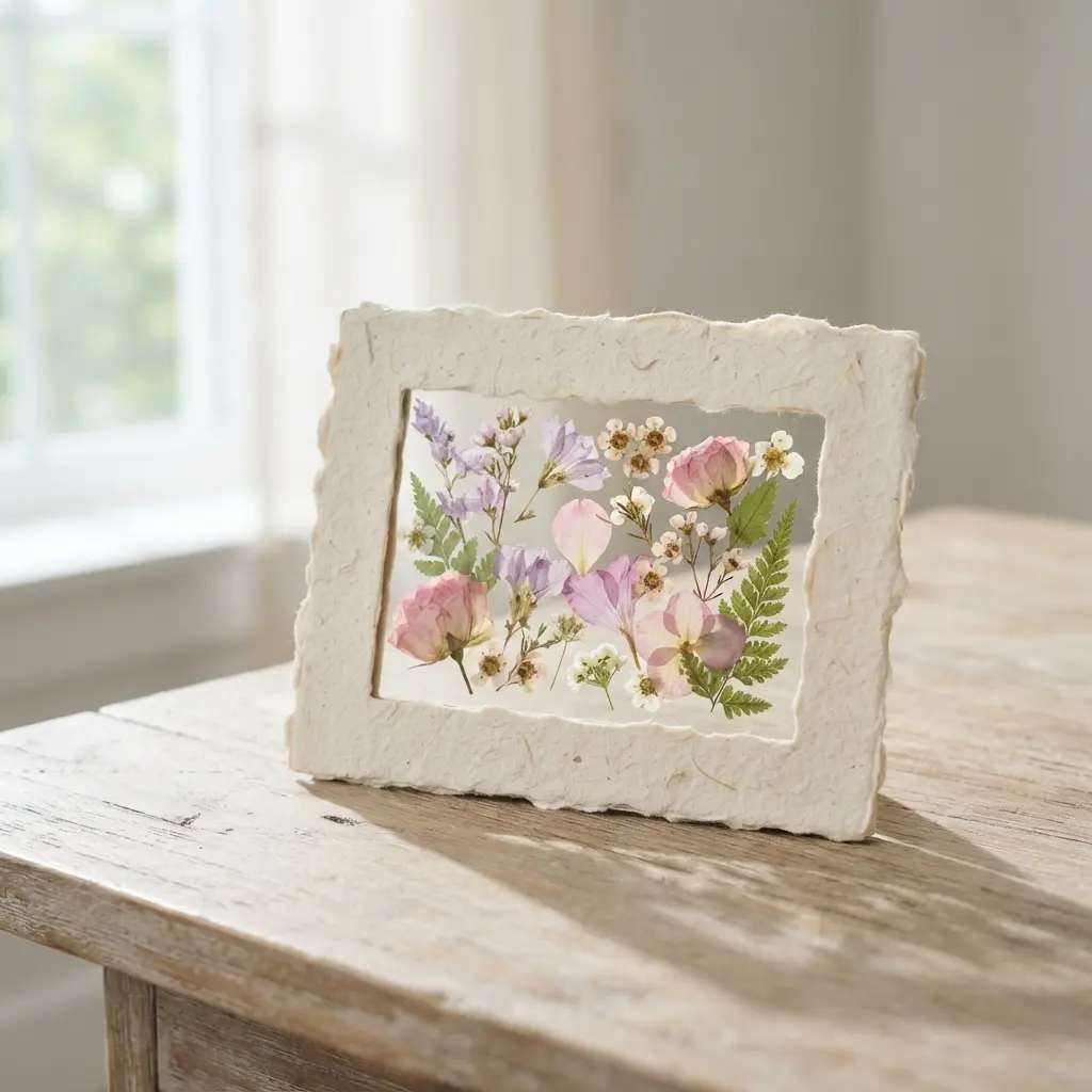Pressed flower petals arranged inside a small paper frame with sunlight, glue, and summer activities for girls.