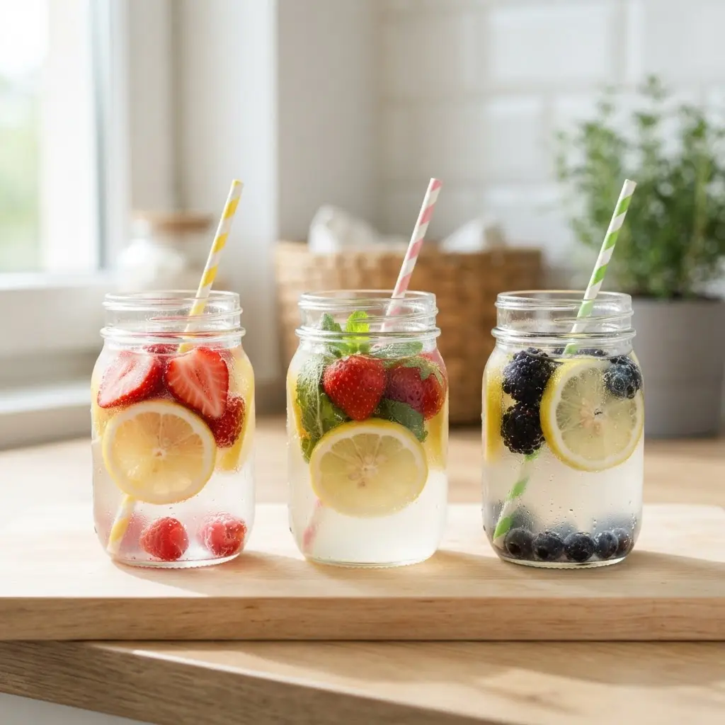 A fruit infused lemonade bar displays glass jars, citrus slices, berries, and striped straws for summer activities for girls.