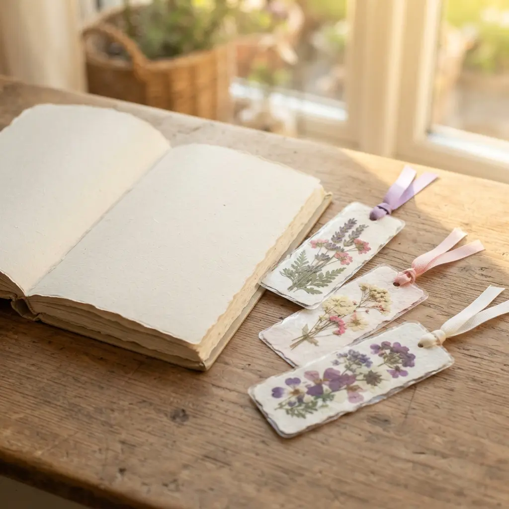 Pressed flower bookmarks with small floral patterns and ribbon ends lie beside an open book.