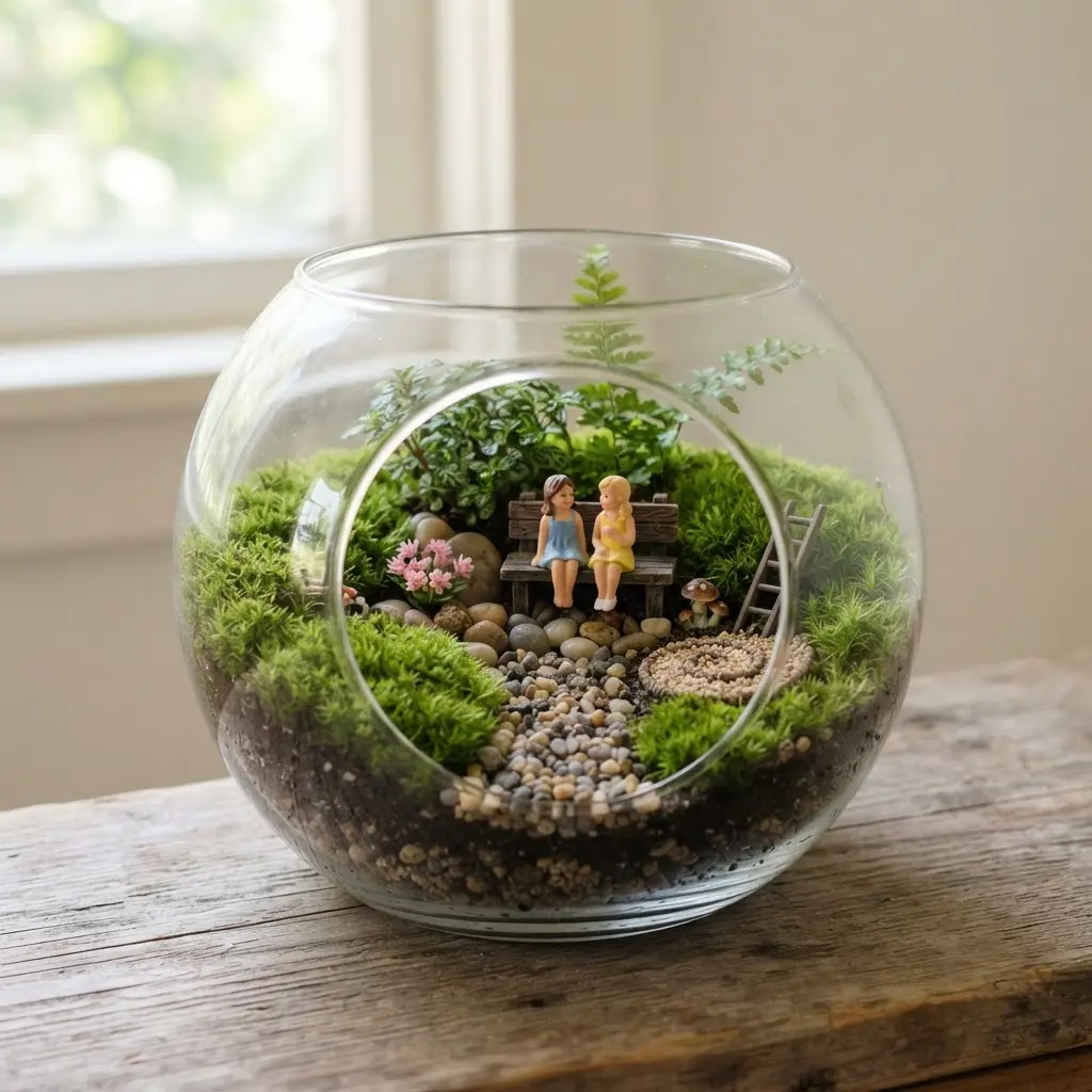 A glass terrarium contains moss, small stones, a tiny bench, and miniature figures in a fairy garden.