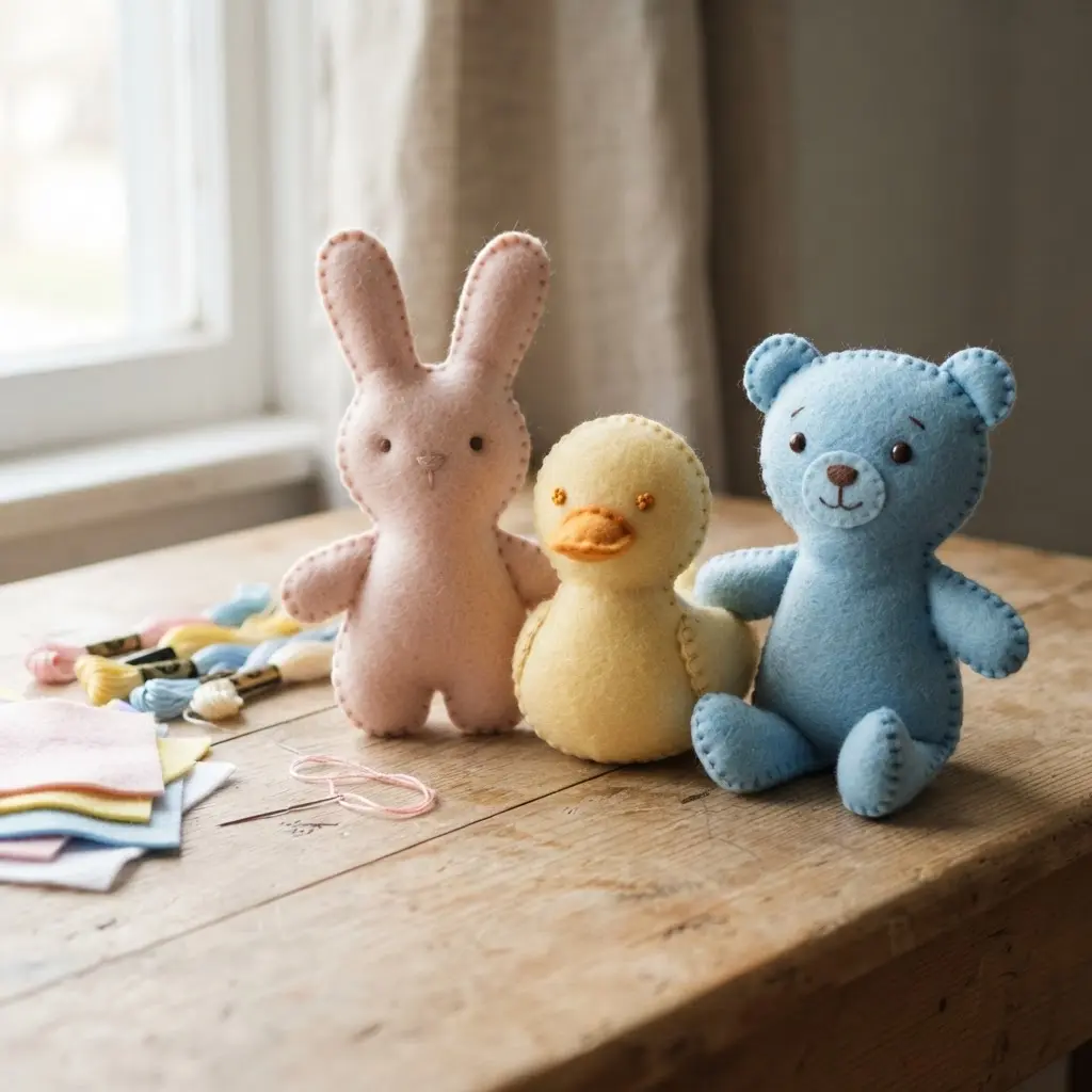 Hand stitched felt fabric plushies shaped like animals sit beside colored felt, thread, needles, and paper patterns.