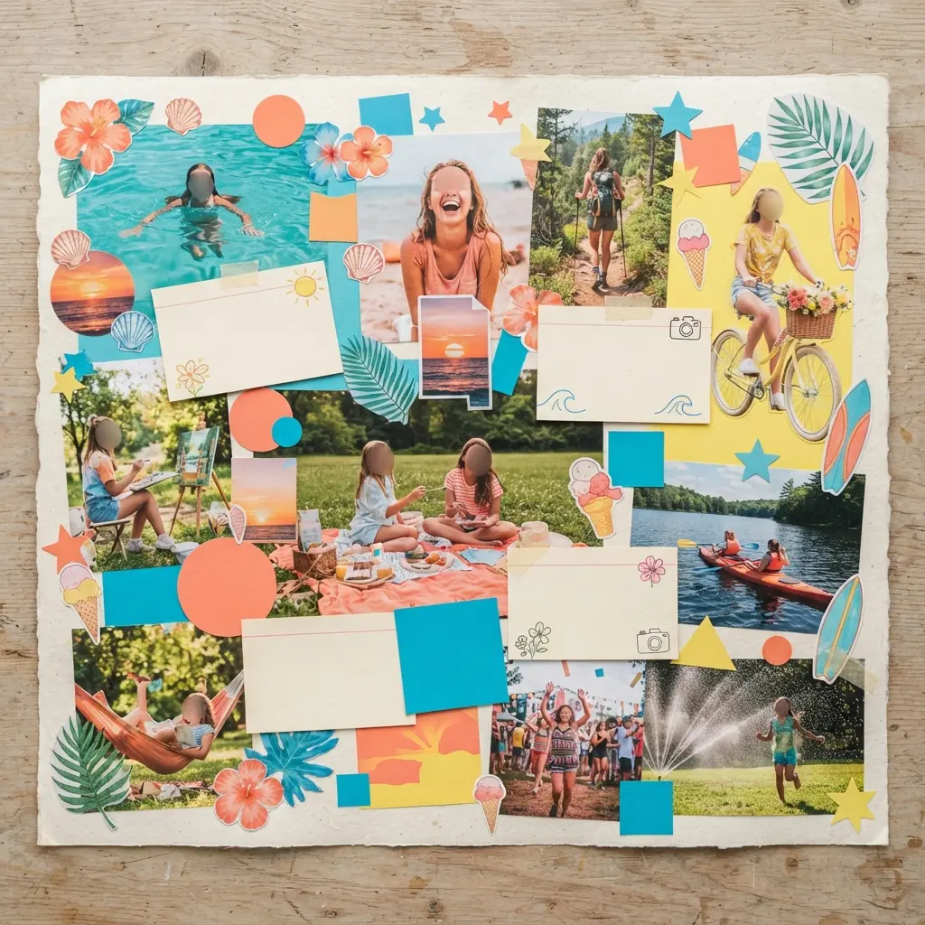 A custom vision board collage shows magazine cutouts, small drawings, colorful paper, and handwritten summer goals.