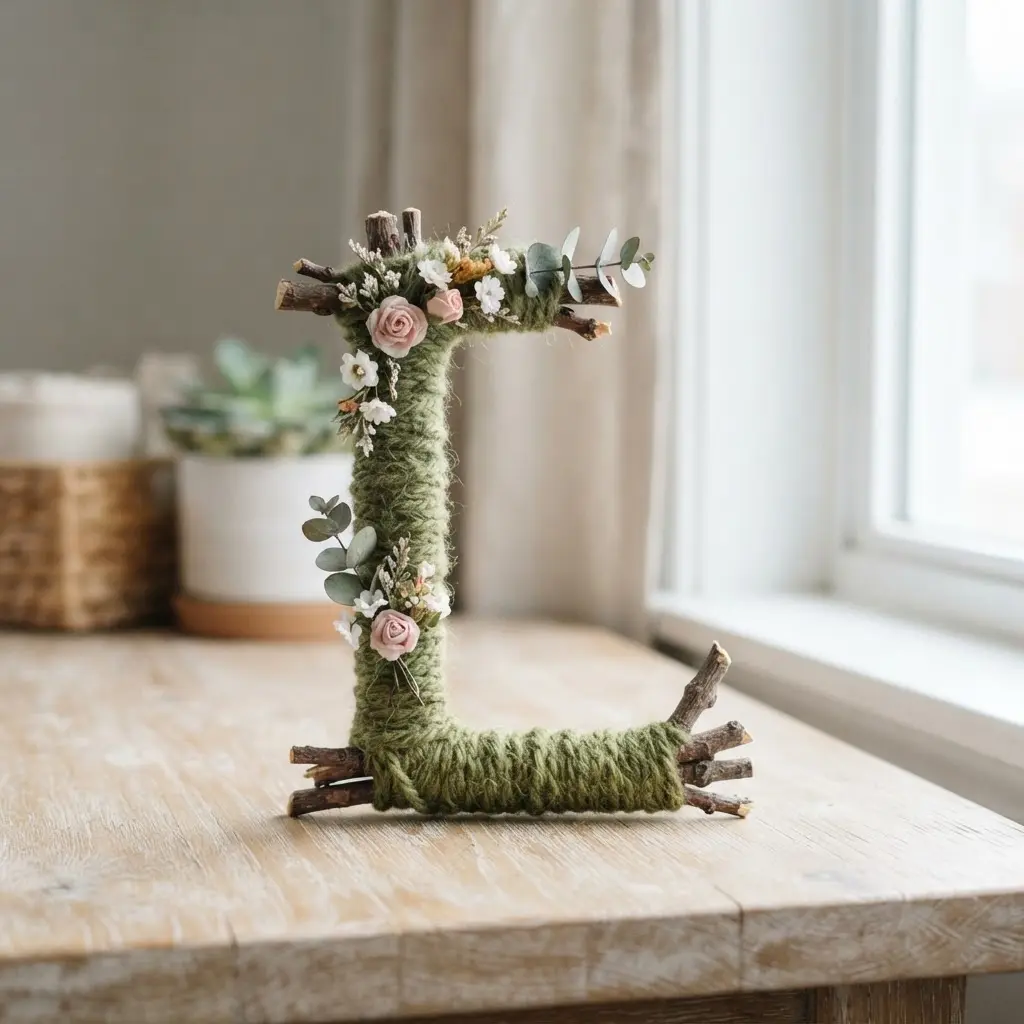 Decorative twig letters wrapped in yarn rest on a table with scissors, string, and small flowers.
