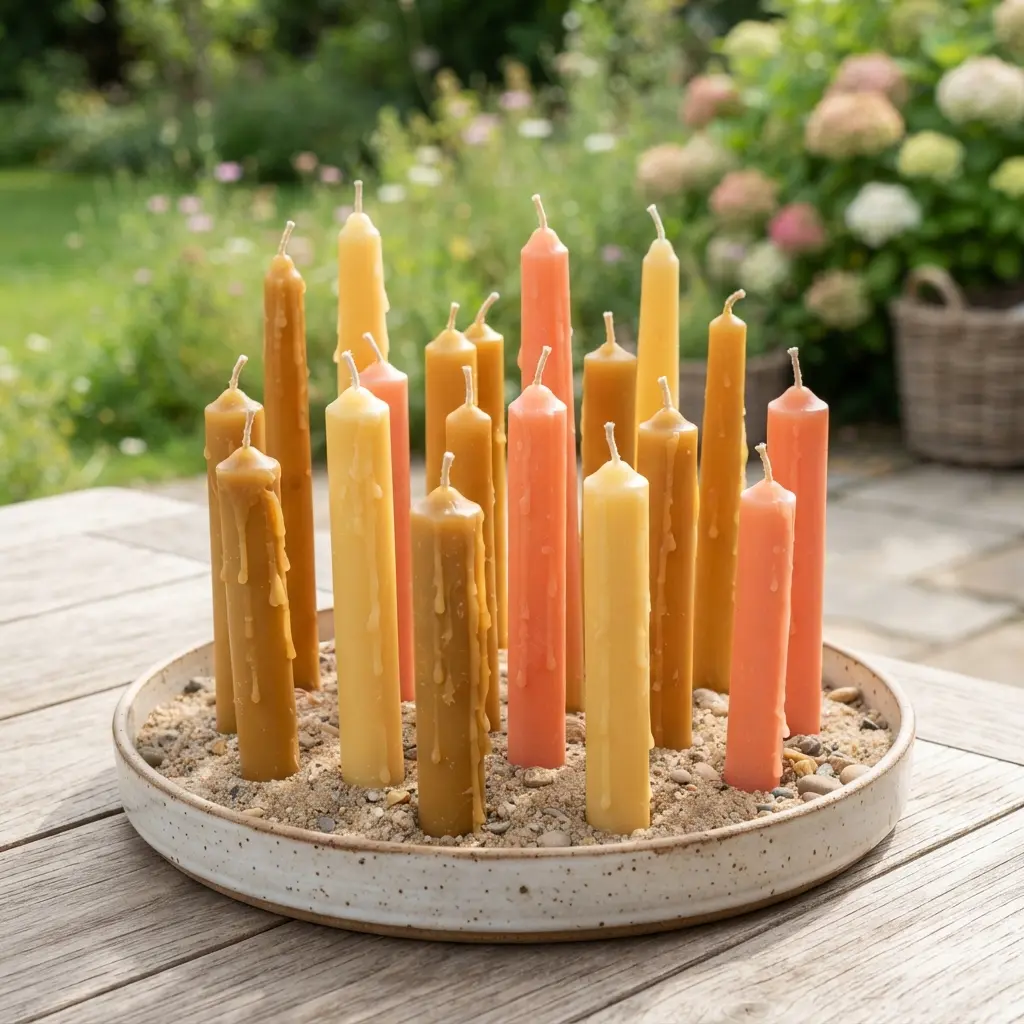 Beeswax dipped summer candles in several colors stand upright on a tray beside wick pieces and wax.