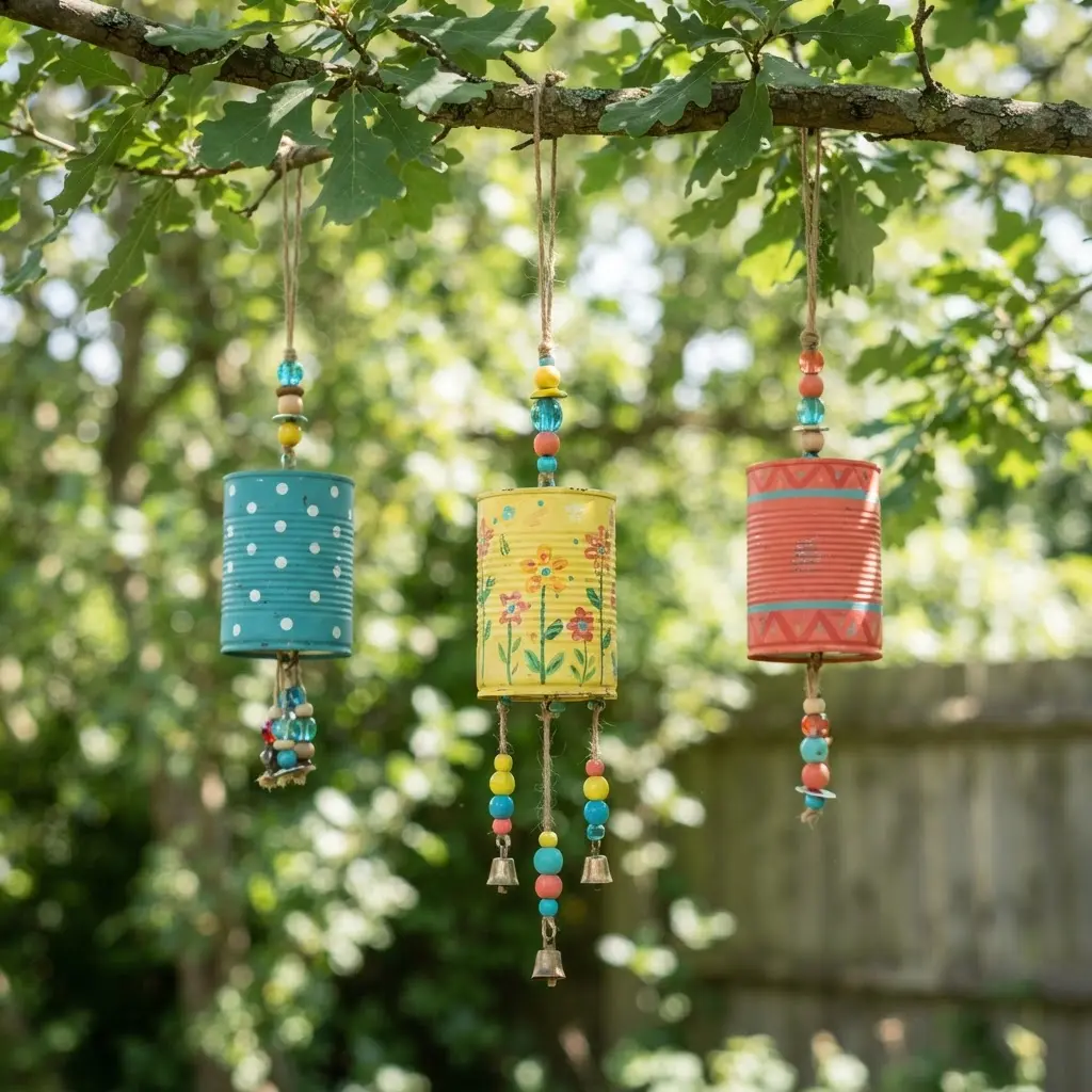 Upcycled tin can wind chimes hang from a branch with painted patterns, beads, and string.