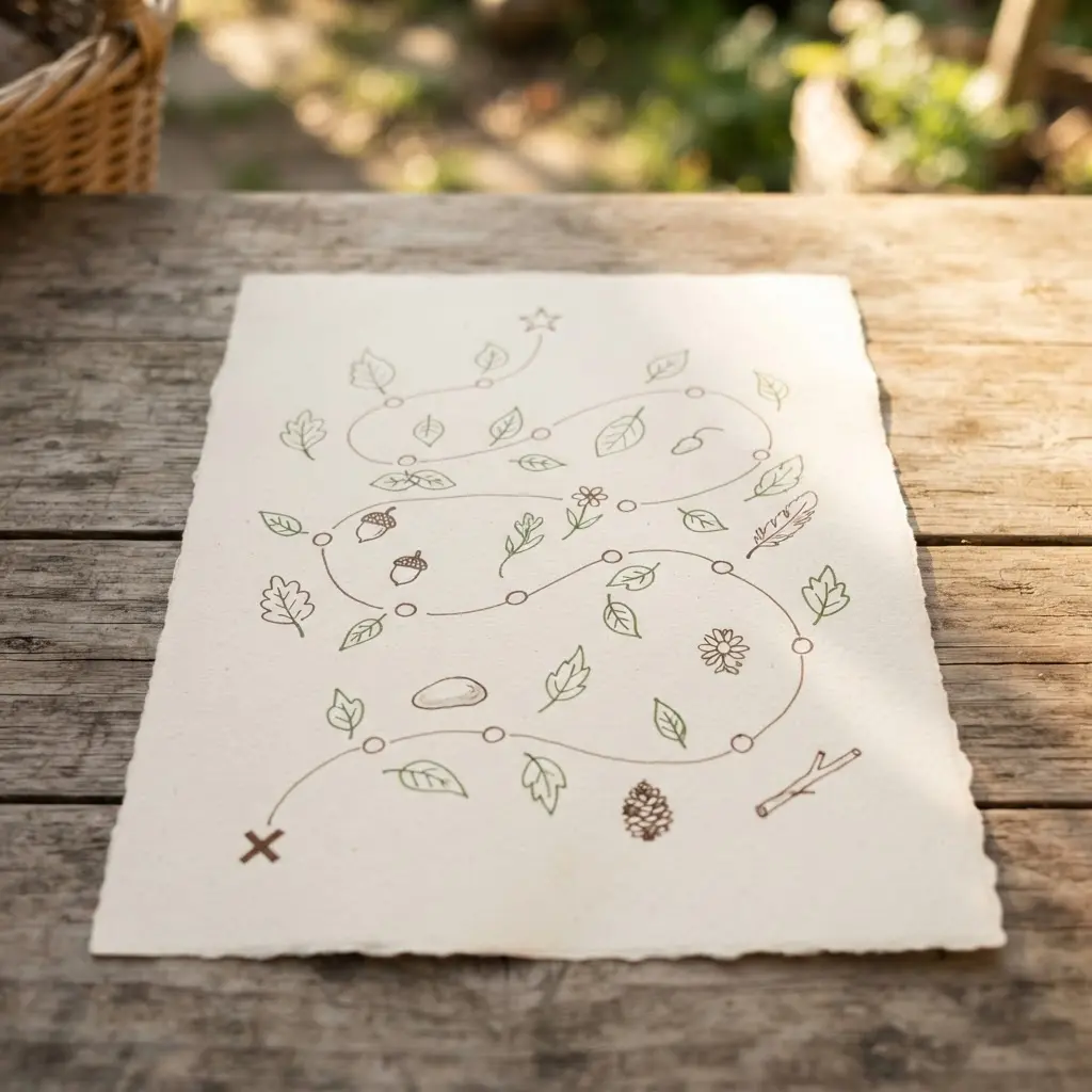 A nature walk scavenger hunt map shows a hand-drawn trail, leaf symbols, and marked finding spots.