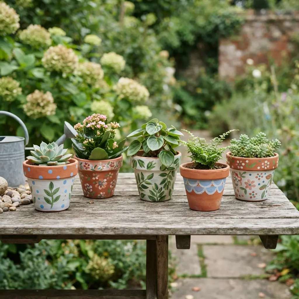 Hand painted ceramic flower pots display flowers, dots, and leaf designs beside soil and small plants.