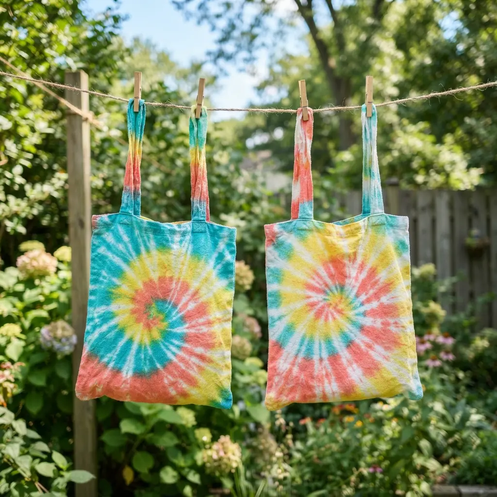 Bright tie-dye cotton tote bags drying outdoors beside fabric bands and color bottles for summer activities for girls.