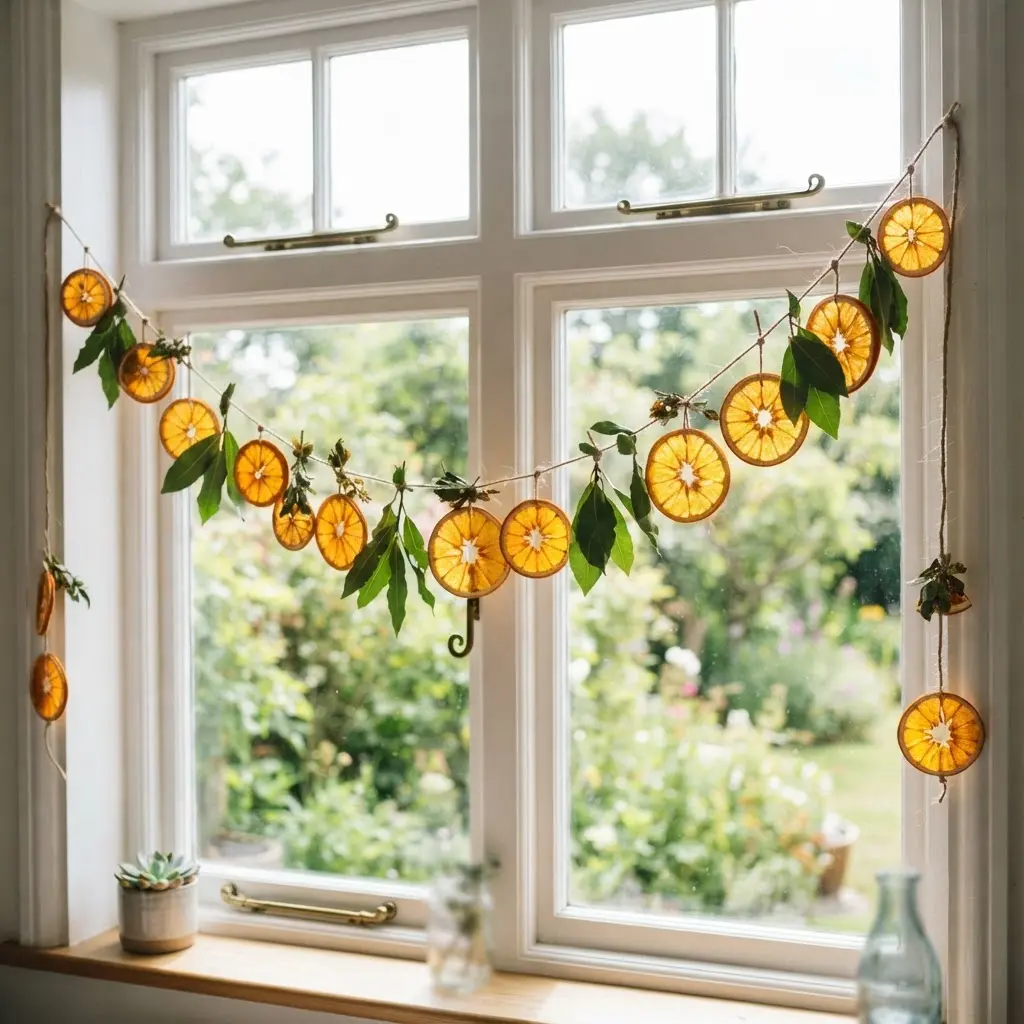 Dried orange slices form a summer garland with leaves and natural twine across a bright window.
