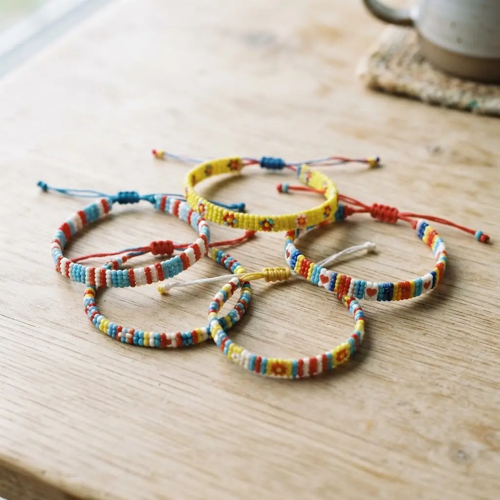 Colorful beaded friendship bracelets arranged beside loose beads and thread on a sunny outdoor table for summer activities for girls.