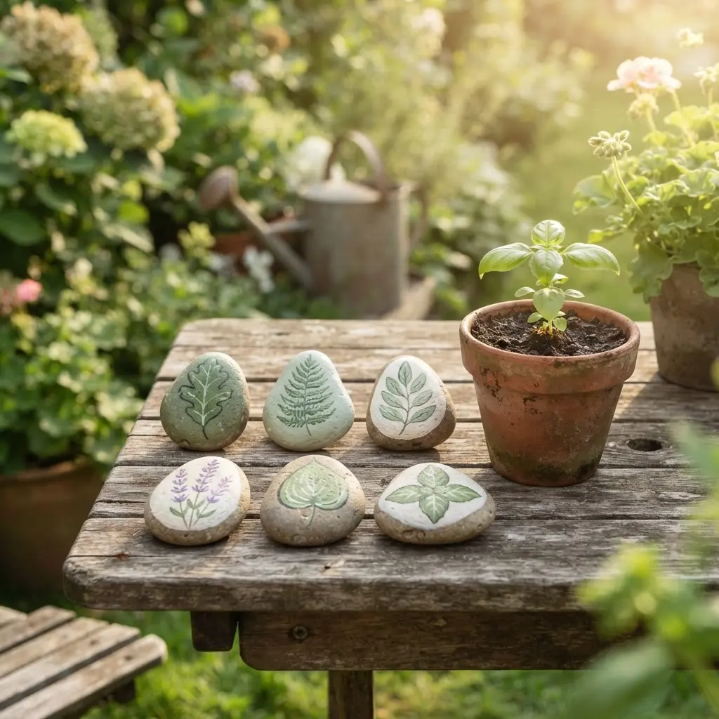 Smooth pebbles painted as garden markers with leaf details beside soil, brushes, and seedlings.