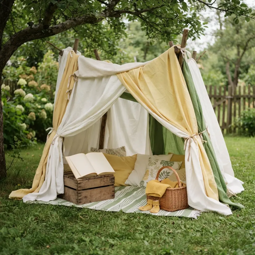 A backyard blanket fort holds pillows, open books, and a small basket in a shaded reading nook.