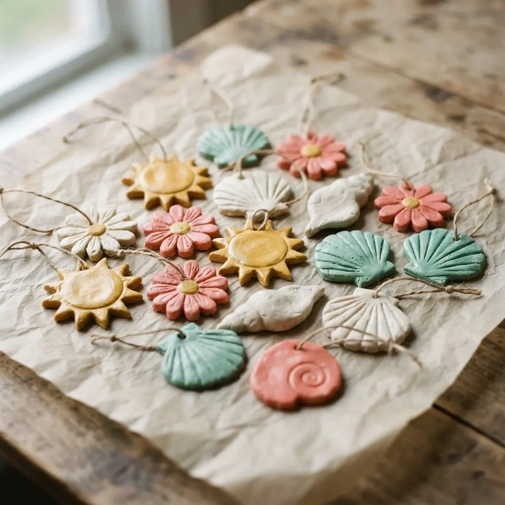 Salt dough keepsake ornaments shaped like suns and flowers rest on parchment beside paint and twine.