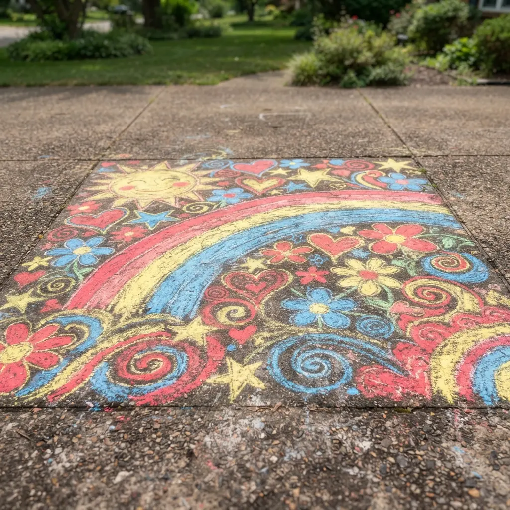 A rainbow sidewalk chalk mural fills a driveway with flowers, stars, and bold patterns for summer activities for girls.