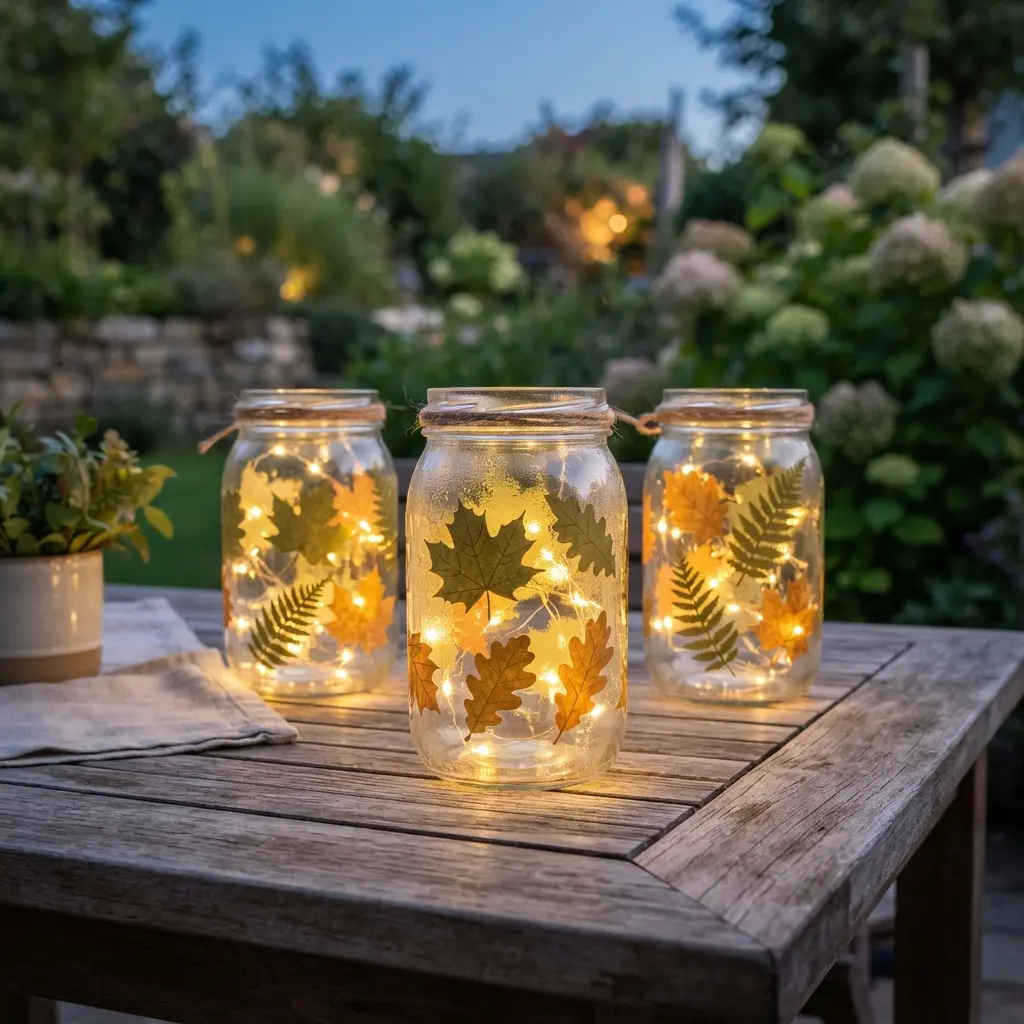 Mason jar backyard lanterns with paper leaves and small warm lights sit on a wooden table at dusk for summer activities for girls.