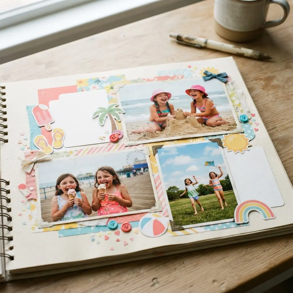 A summer memory scrapbook lies open with family photos, paper shapes, stickers, and handwritten notes for summer activities for girls.