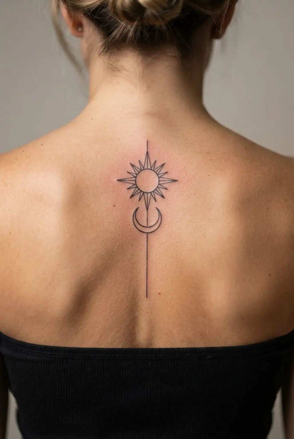 Abstract linear sun and moon symbols run vertically along the spine in thin black ink.