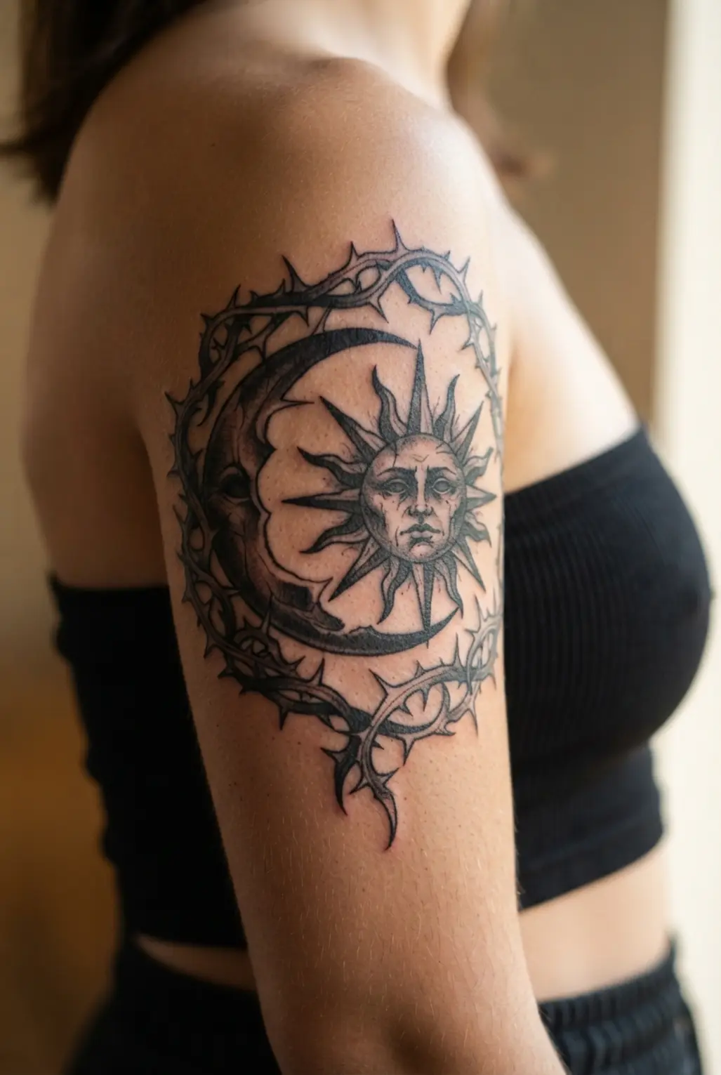 Gothic sun and moon tattoo ideas feature thorned borders and dark shading on the upper arm.
