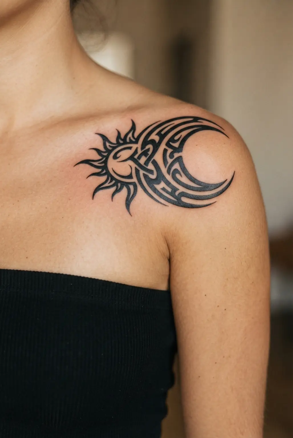 Tribal-inspired sun and moon symbols curve across the shoulder with bold black lines and points.