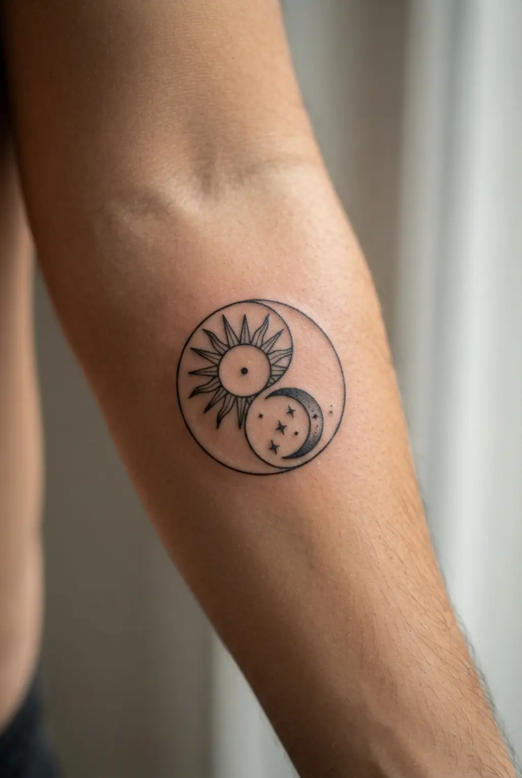 Minimalist yin yang forms combine with a sun and moon tattoo ideas pairing in clean black lines.