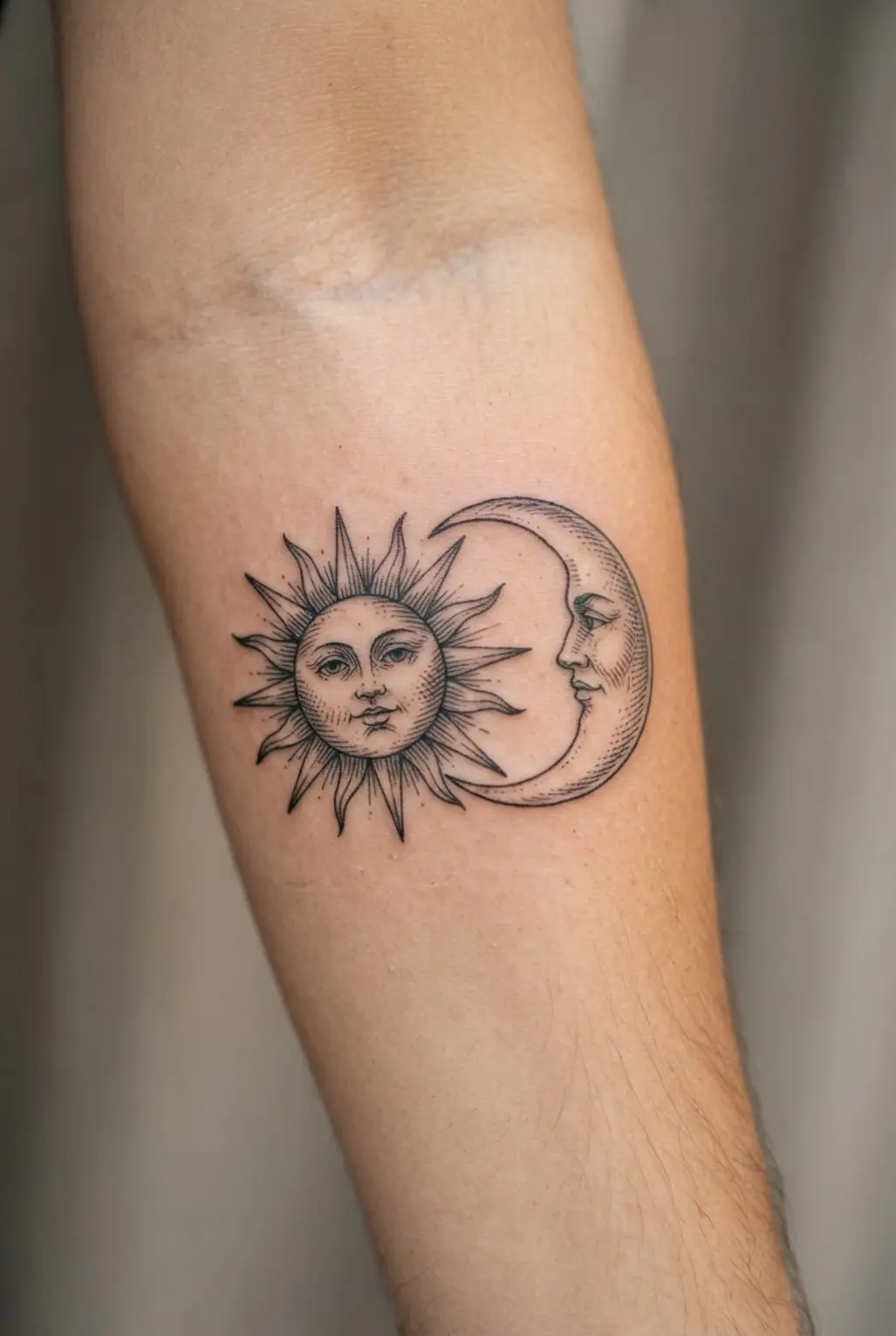 Vintage engraving lines give paired sun and moon faces a detailed forearm tattoo appearance.
