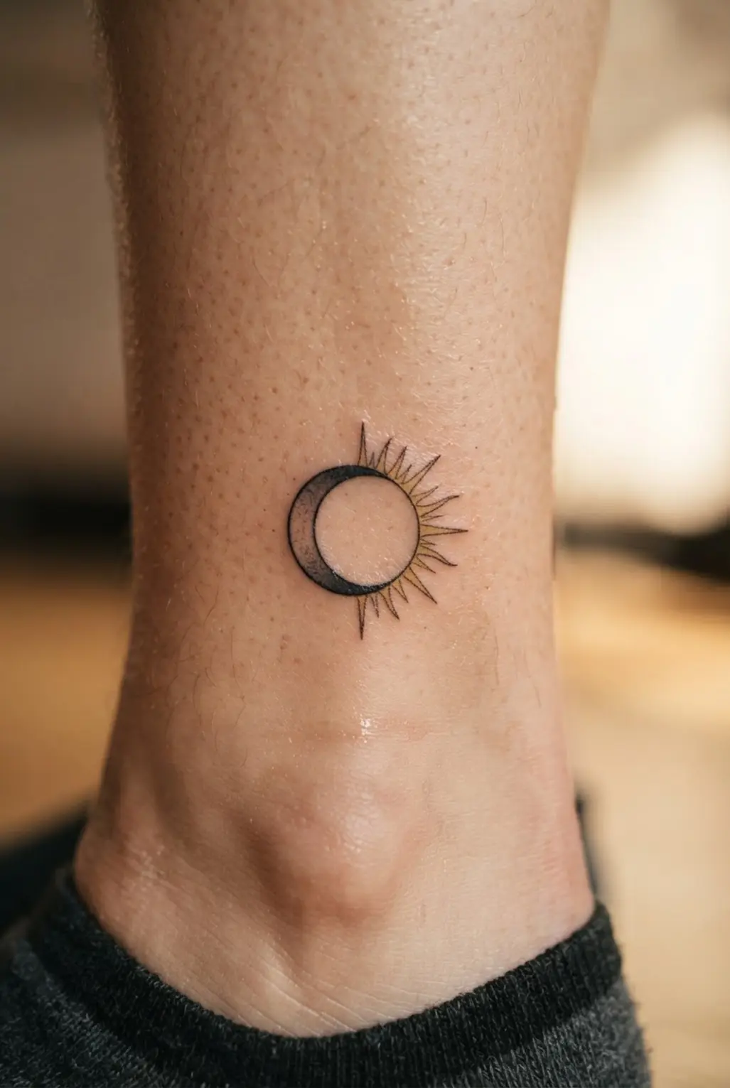 A fine-line solar eclipse shows the moon crossing the sun above a small ankle placement.