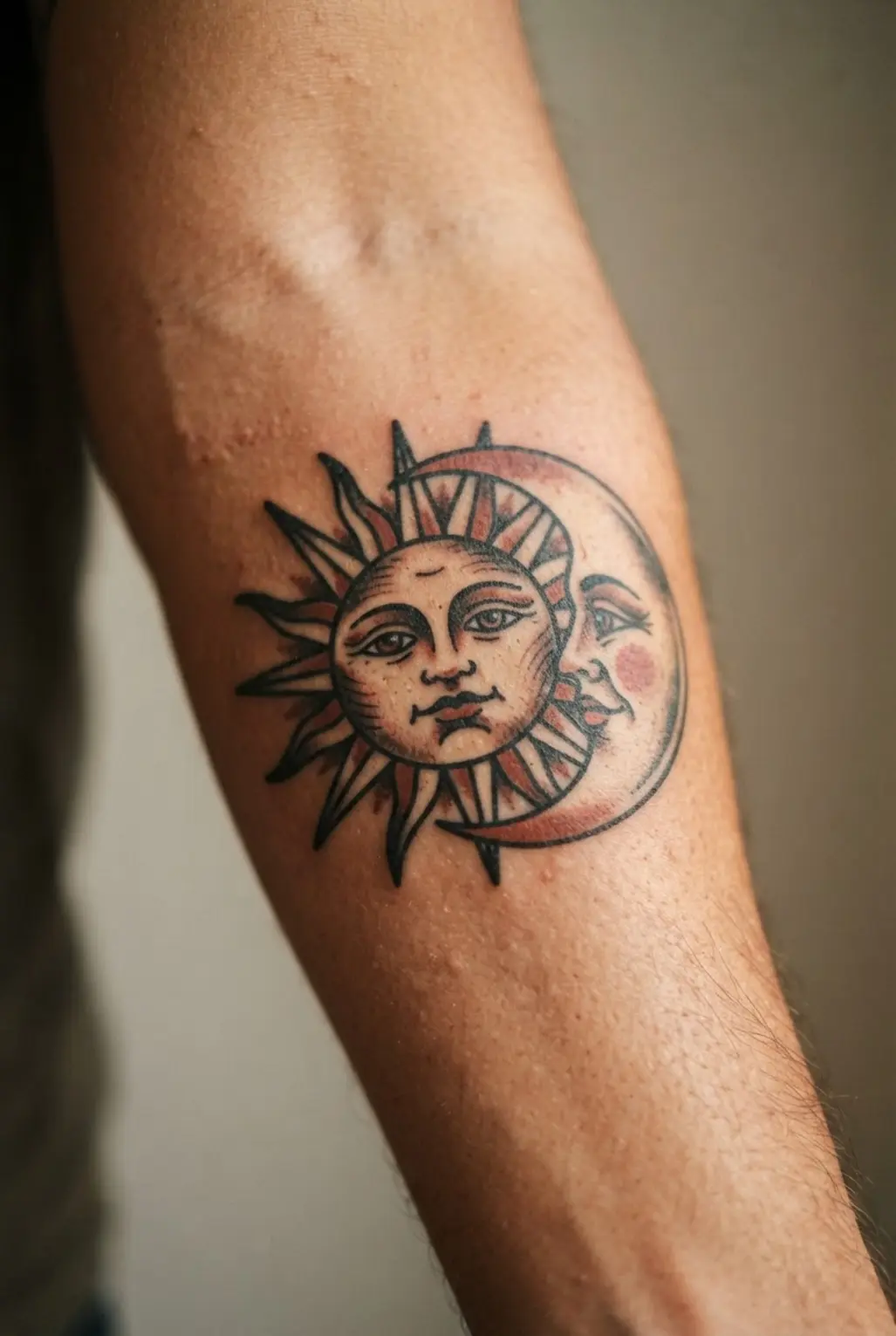 Traditional vintage sun and moon faces in bold black and muted red ink across a forearm.