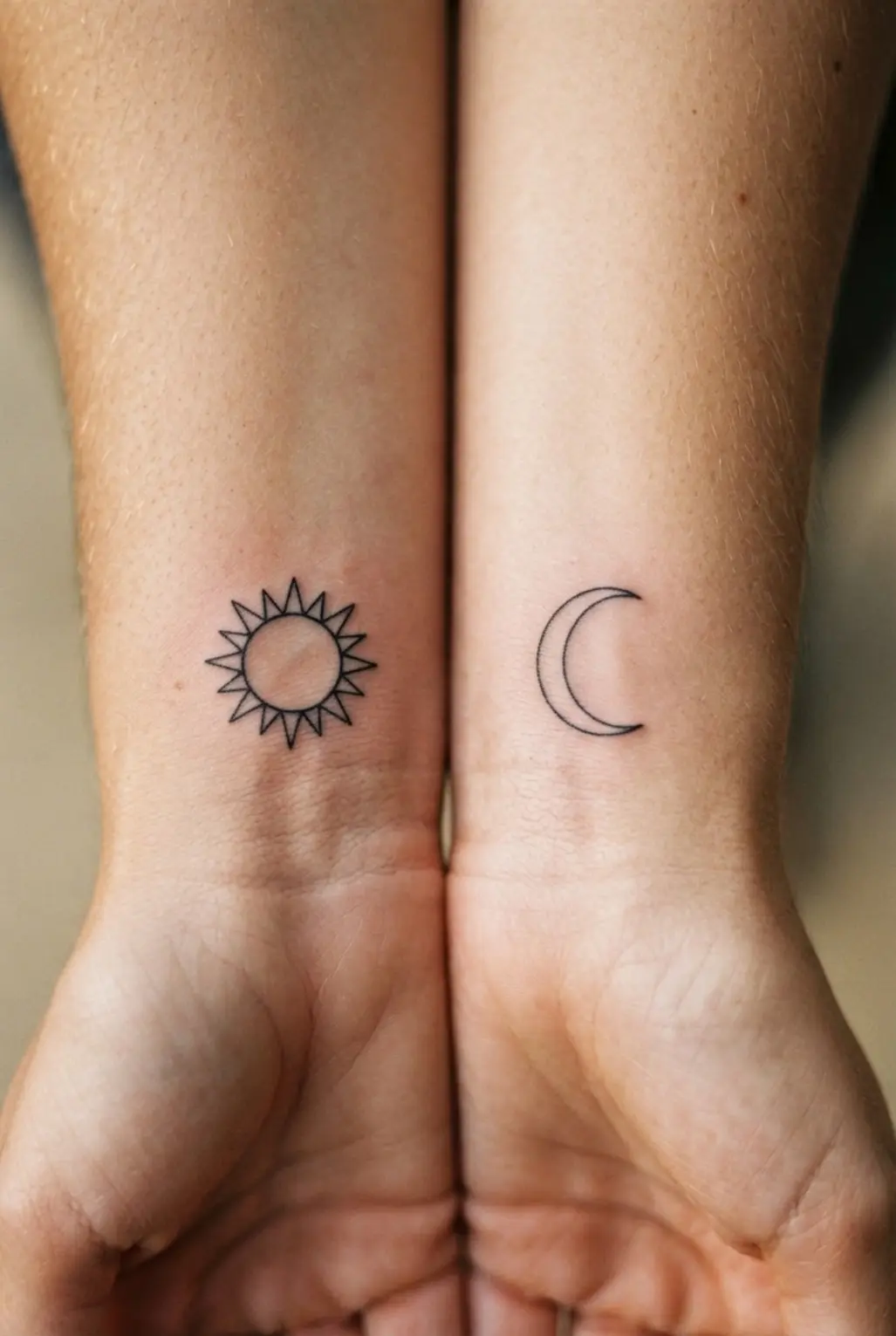 Matching wrists display symmetrical sun and moon symbols in a clean, balanced tattoo arrangement.