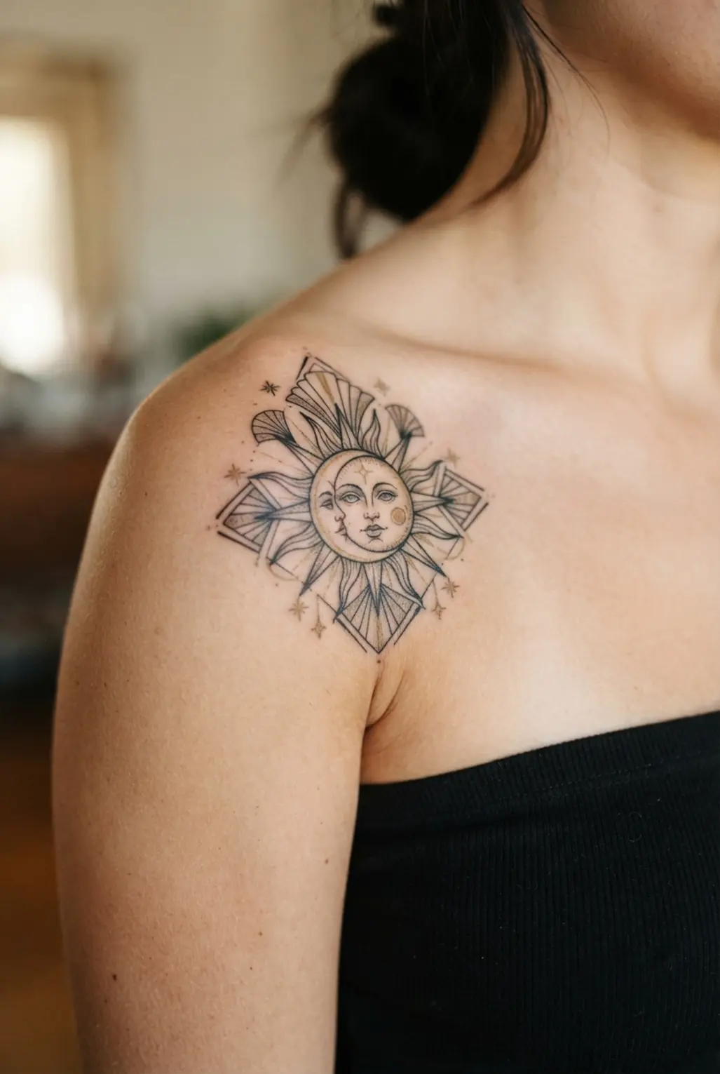 Art Deco fan lines and small stars surround a paired sun and moon shoulder tattoo.
