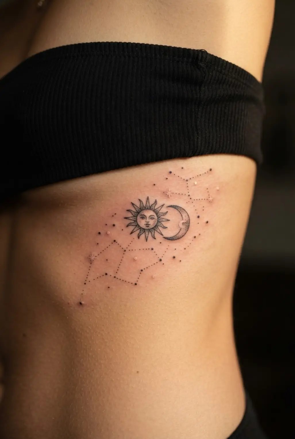 Constellation dots and small stars surround sun and moon tattoo ideas along the side ribs.
