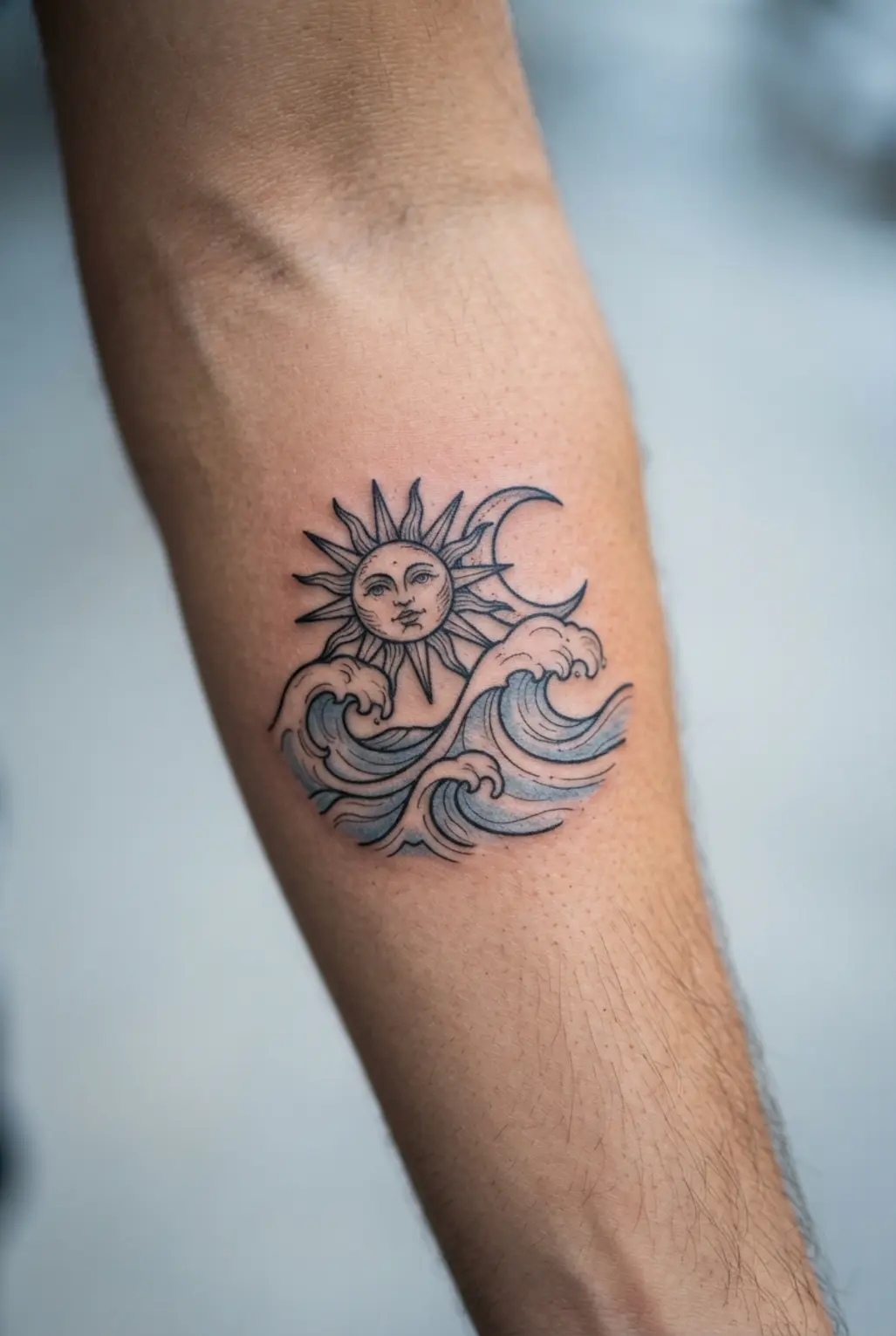 Detailed waves curl beneath paired sun and moon symbols in a forearm tattoo composition.