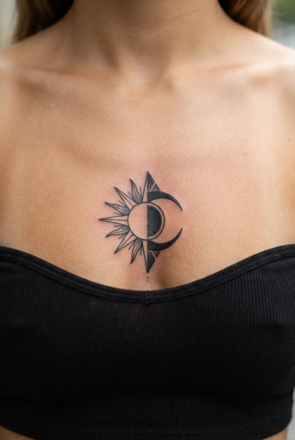 Blackwork geometric sun and moon tattoo ideas arranged symmetrically across the sternum.