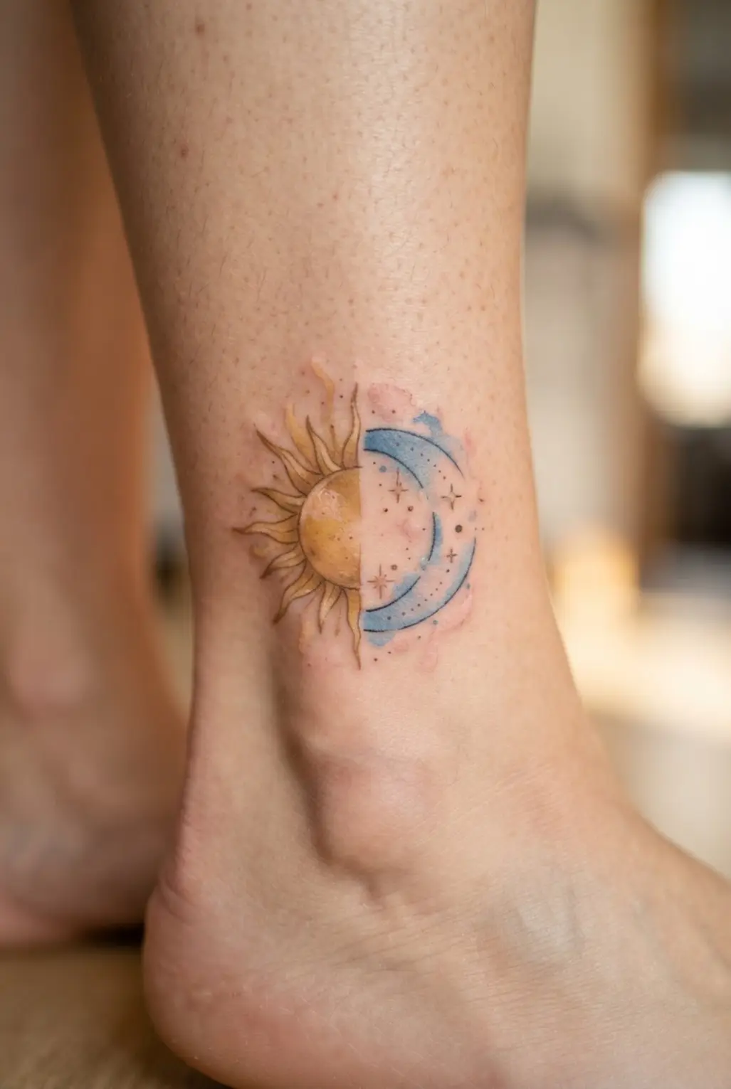 Watercolor half sun and moon forms meet in a soft blue and gold ankle tattoo design.