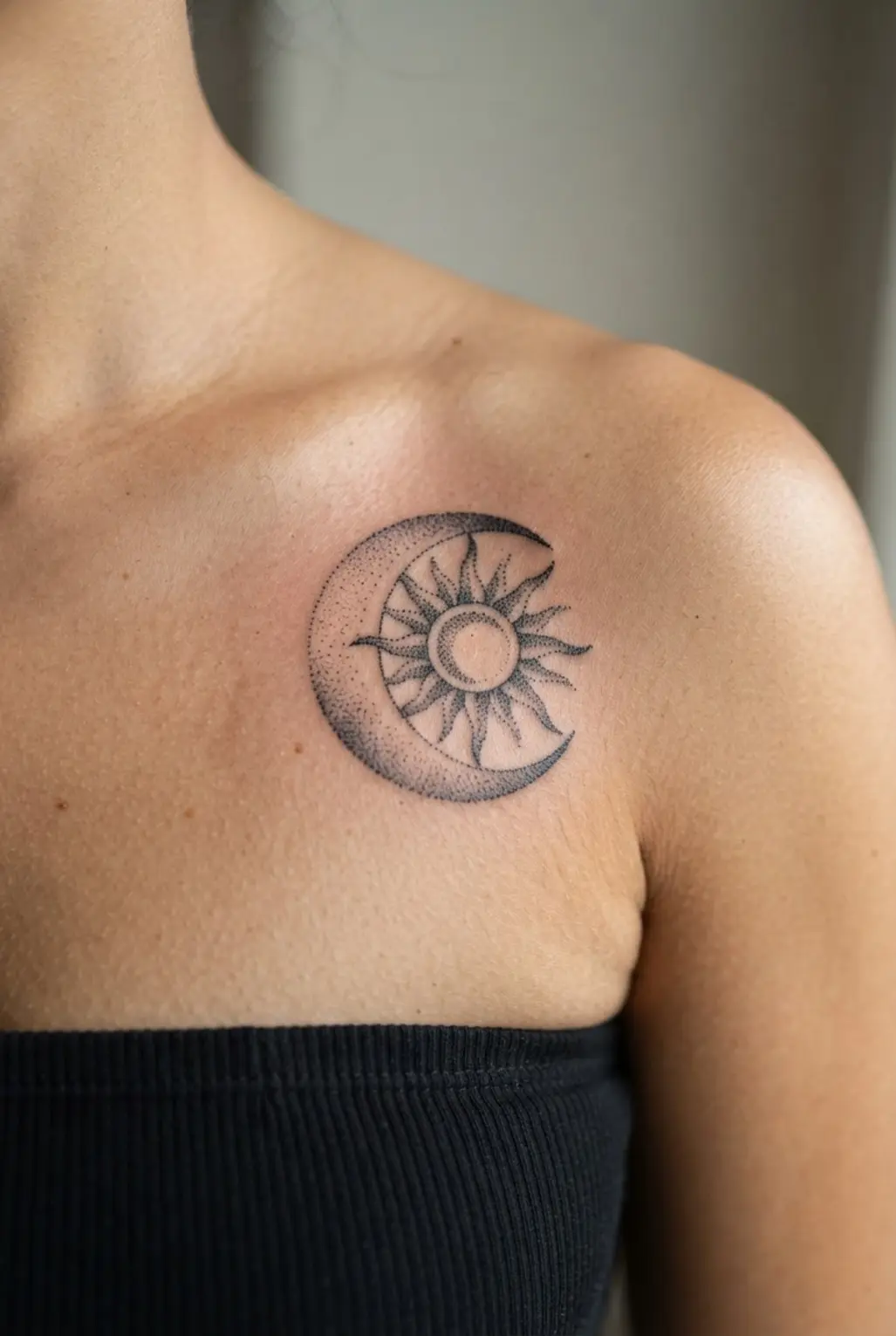 Dotwork crescent moon and sun tattoo ideas create a balanced shoulder composition with fine points.