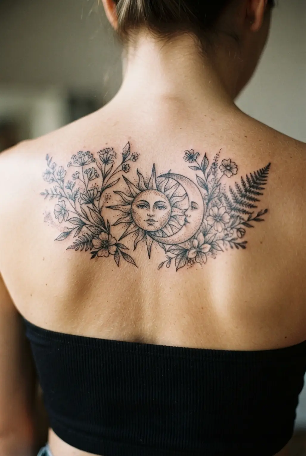 Stippled sun and moon surrounded by flowers across the upper back in black ink.