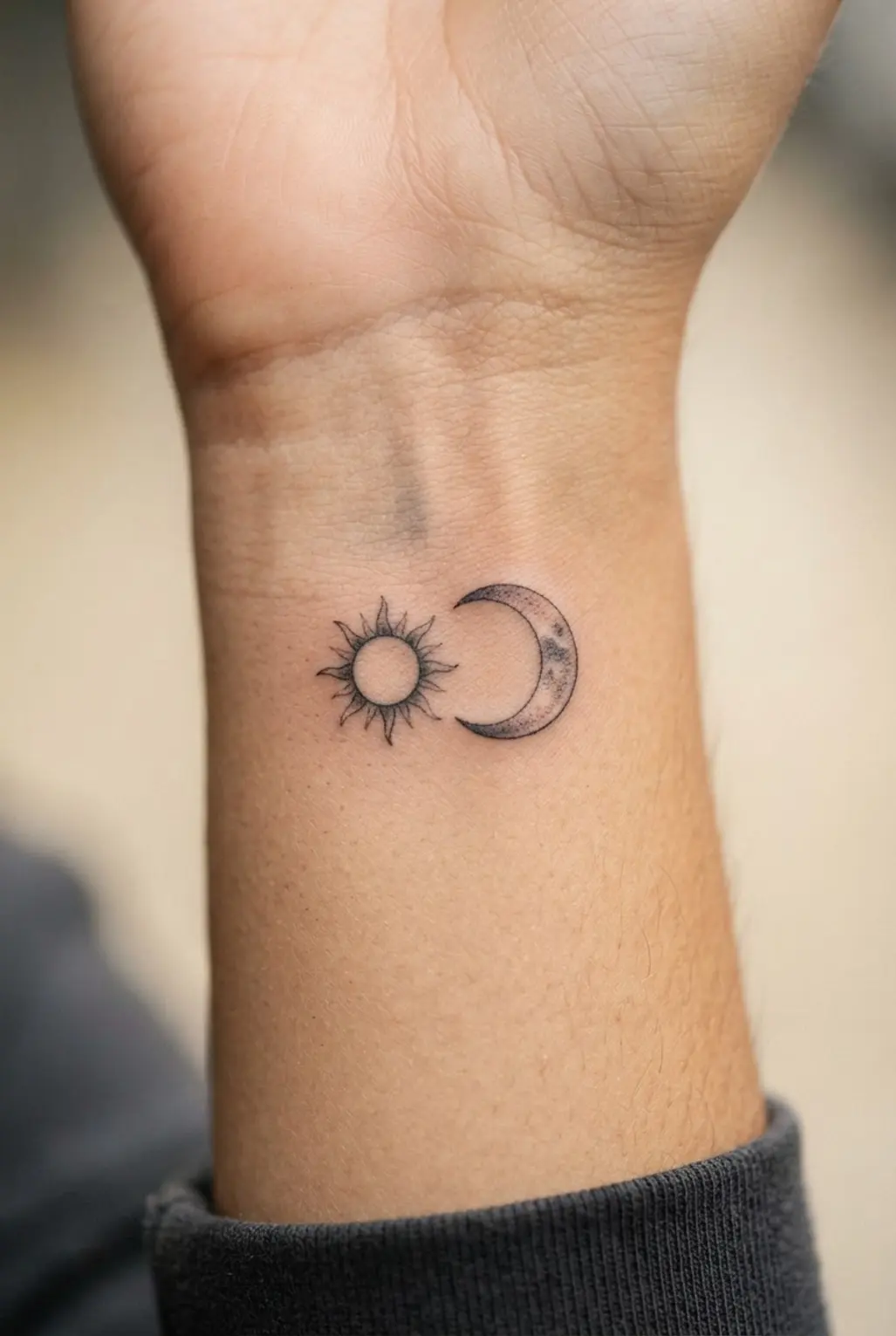 Micro-realist sun and moon tattoo ideas show small shaded celestial forms on an inner forearm.