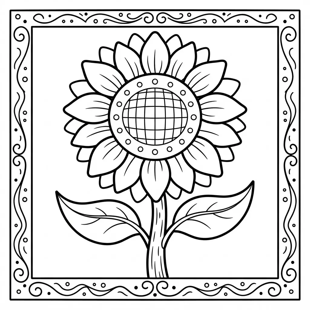 Vintage line art shows a single flower with curved leaves, fine interior lines, and a decorative rectangular border.