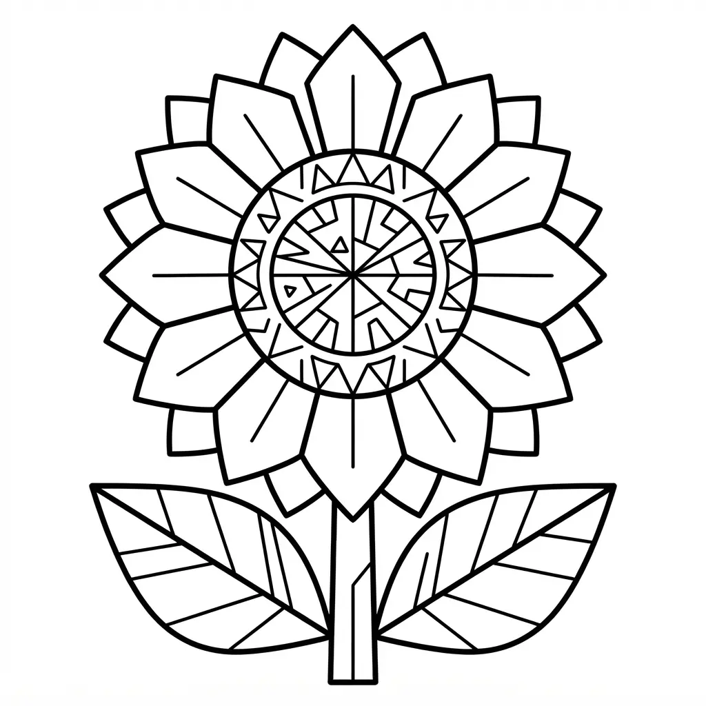 A geometric flower design shows symmetric petals, angular leaves, and a neatly divided circular center.