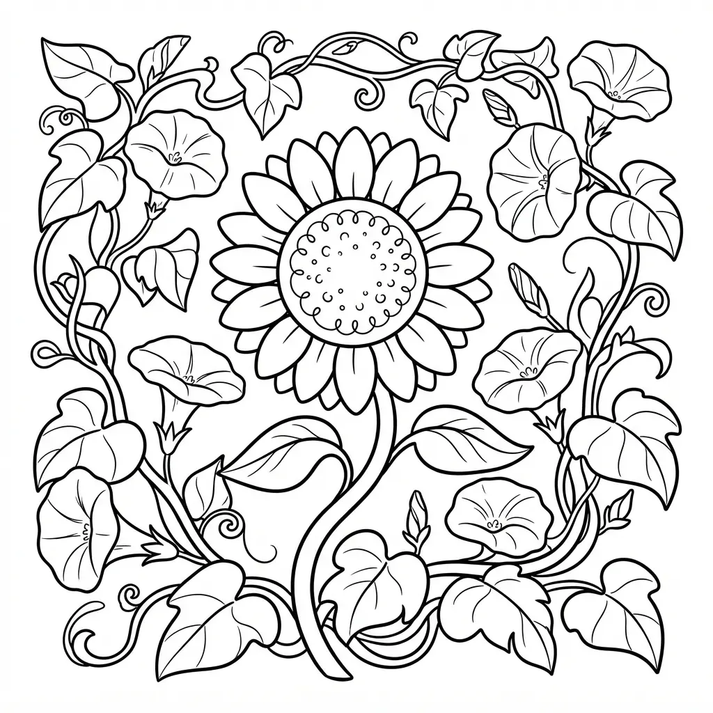 A central flower is surrounded by morning glory blooms, leafy vines, curling stems, and open coloring areas.