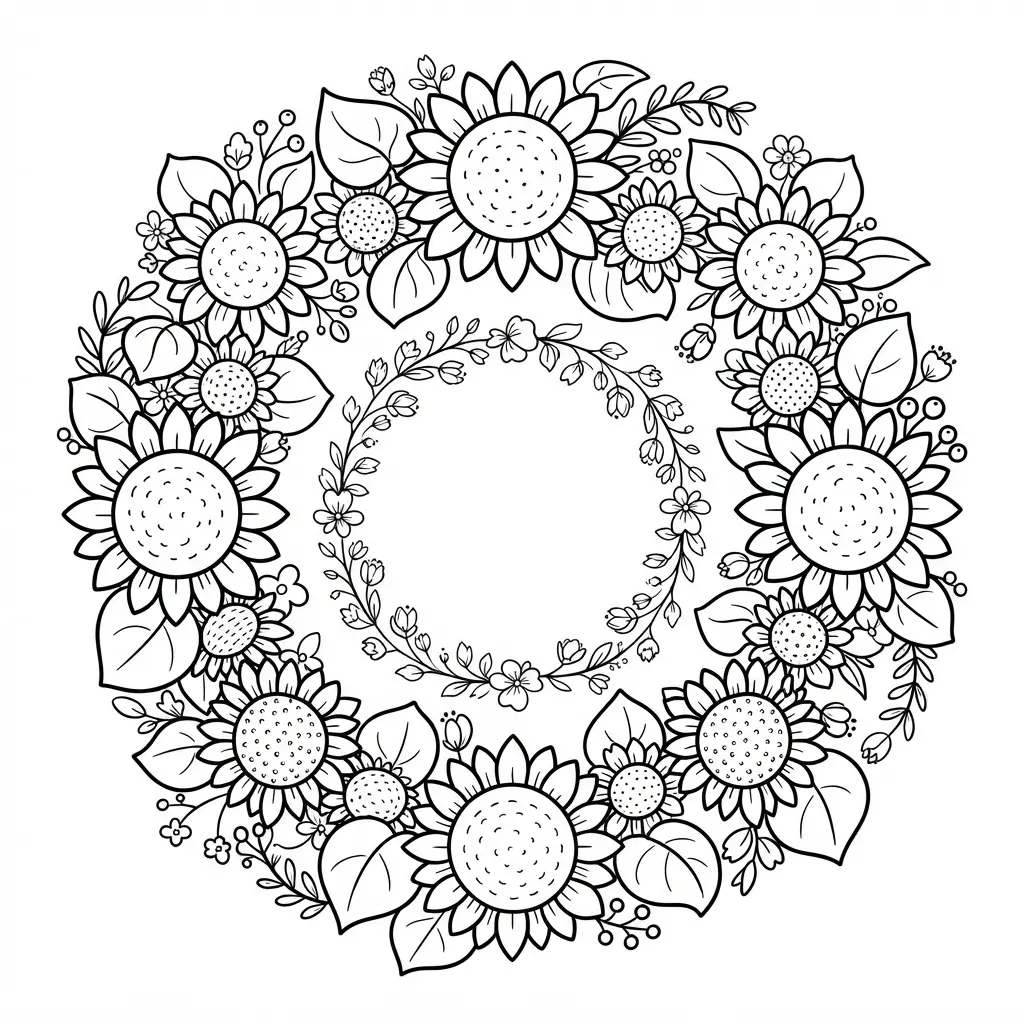 A round floral wreath shows sunflowers, leaves, small blossoms, and an open center surrounded by curved stems.