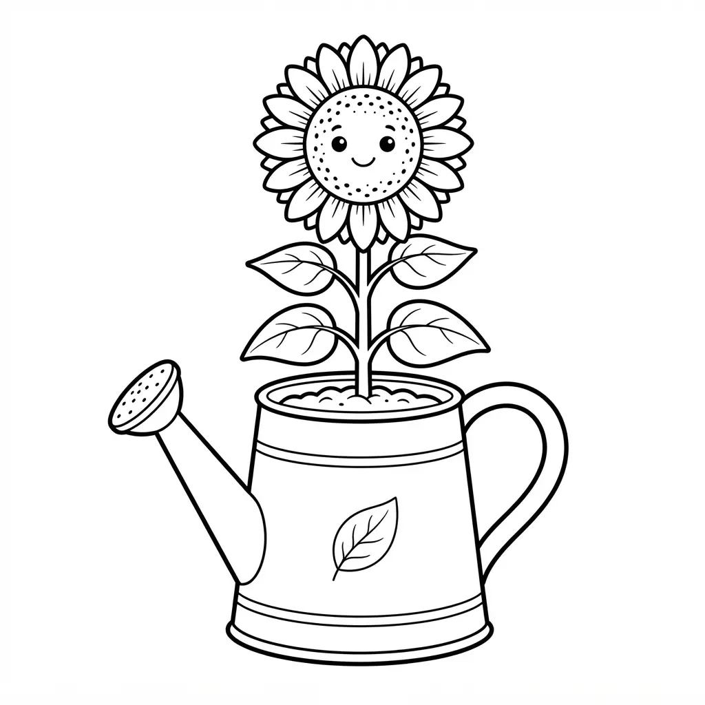 A watering can holds a tall flower with broad leaves, visible handle details, and a garden-style outline.