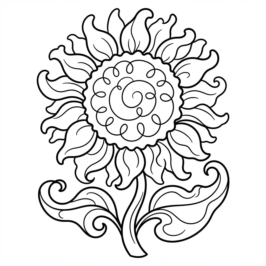 An abstract flower uses flowing lines, uneven petals, curved leaves, and an open center for free coloring.