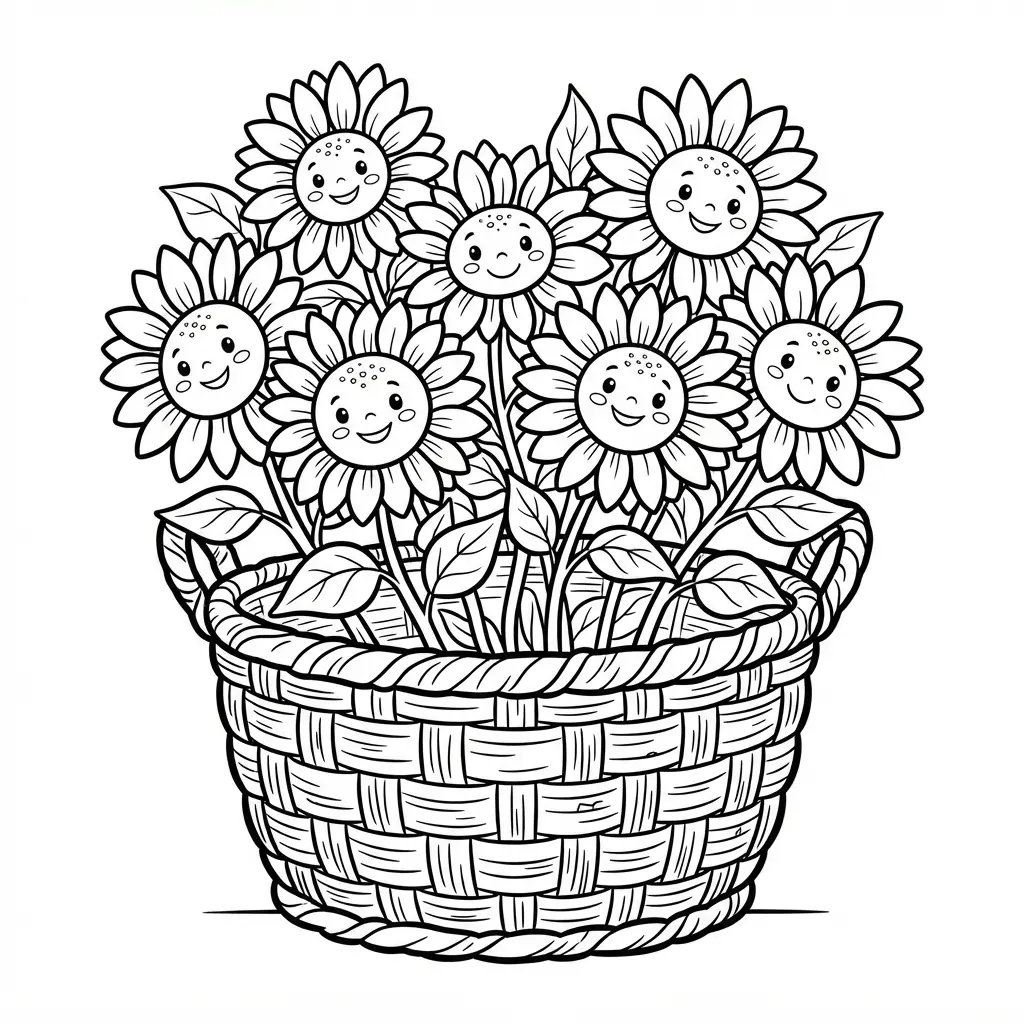 A woven straw basket holds several flowers with broad petals, leafy stems, and visible basket weave lines.
