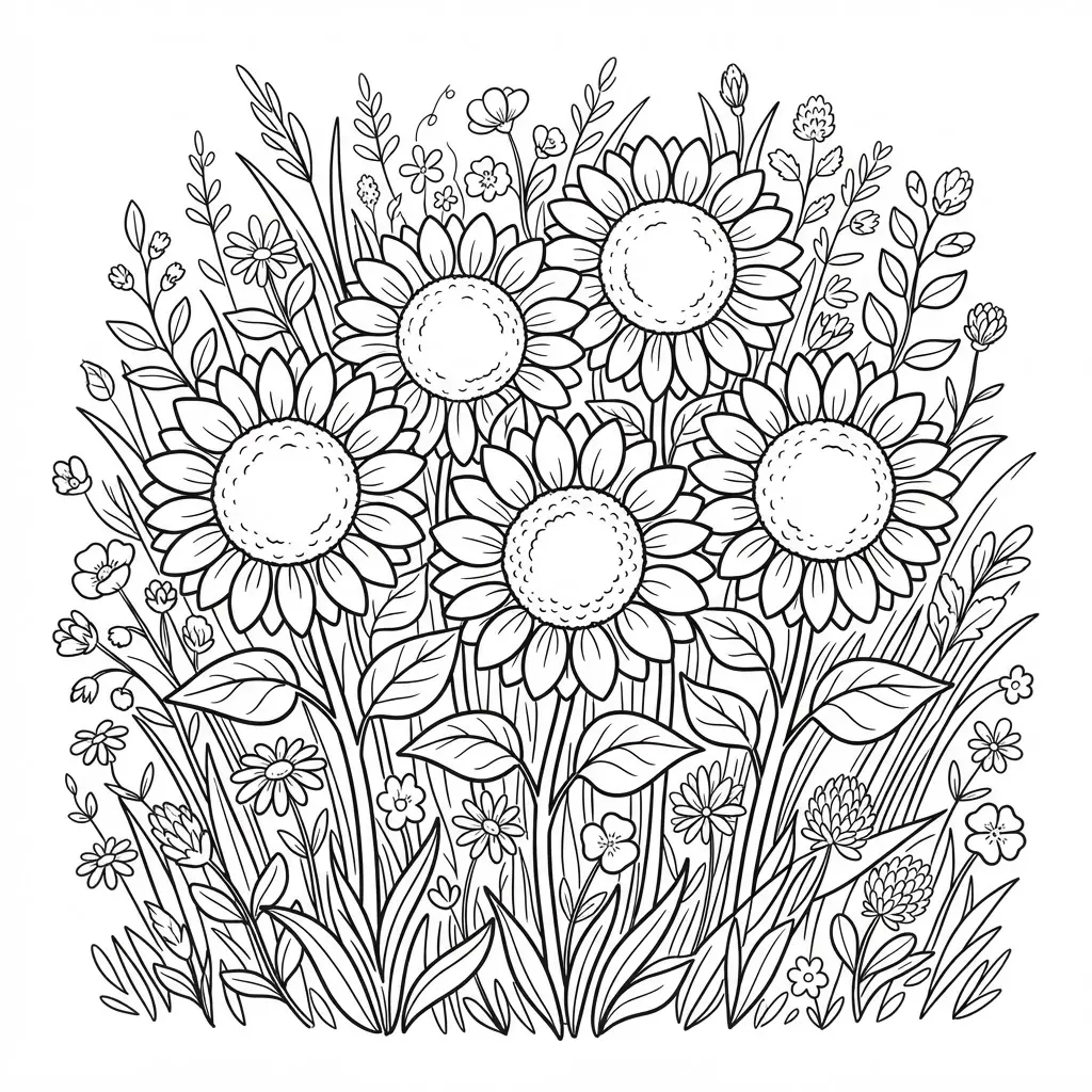 A summer meadow contains clustered flowers, tall grasses, small blooms, and open spaces around each stem.