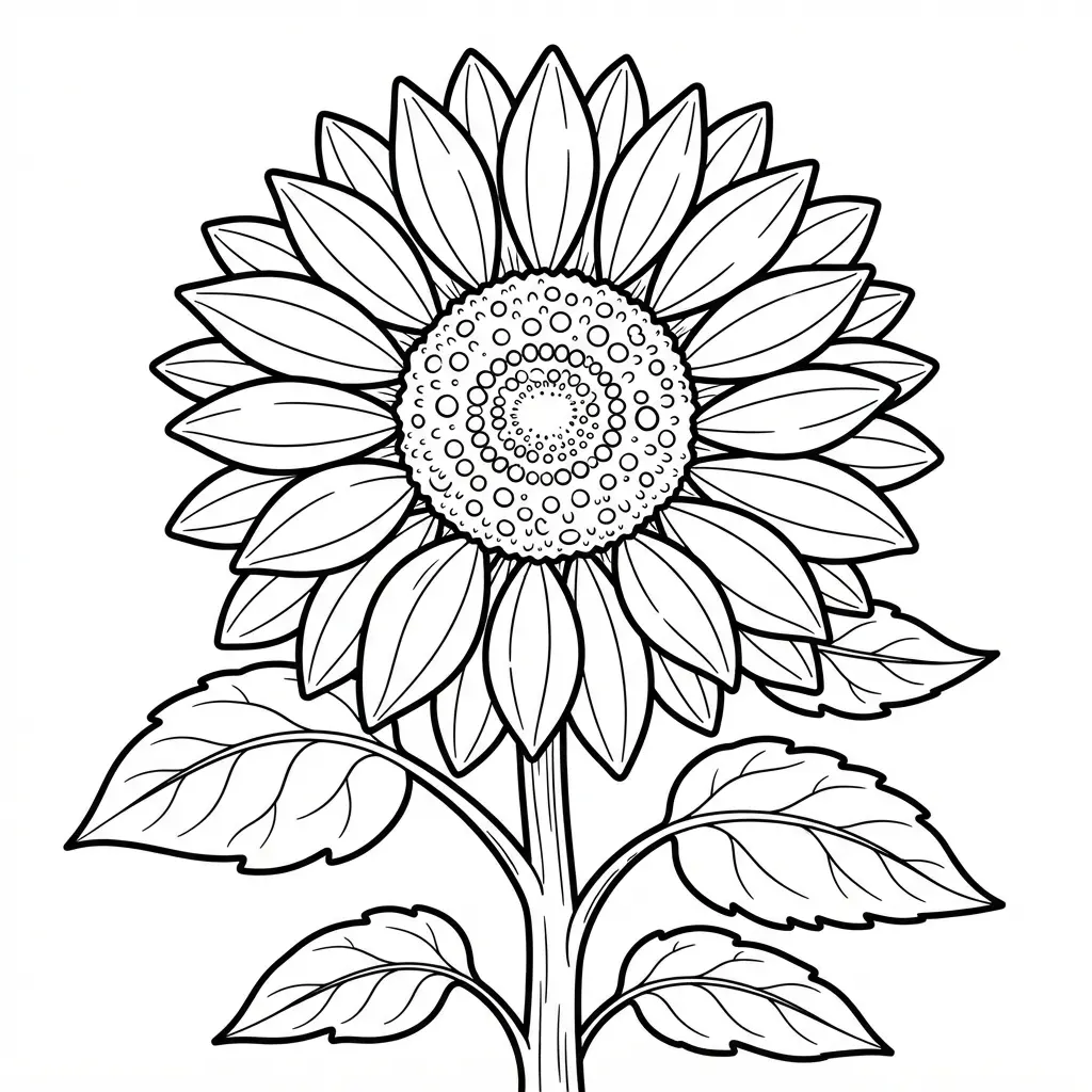 Sunflower coloring pages featuring a close botanical view with layered petals, seeds, and defined leaves.