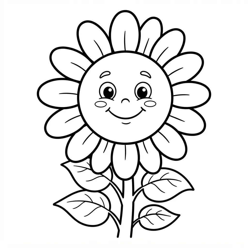 Sunflower coloring pages featuring a smiling flower face, rounded petals, a leafy stem, and clear open spaces.