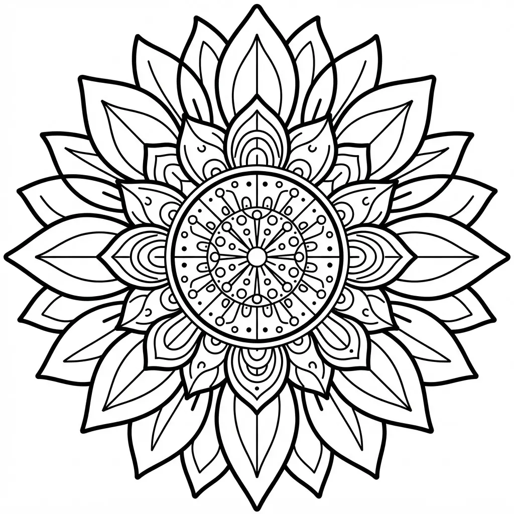 Sunflower coloring pages with repeated mandala petal shapes, a circular seed center, and balanced black outlines.