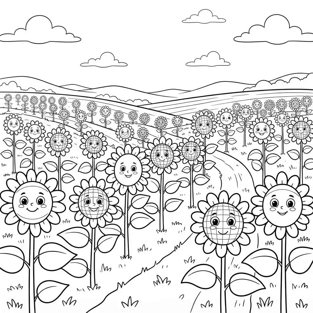 Sunflower coloring pages showing rows of flowers across a field with distant hills and open sky.
