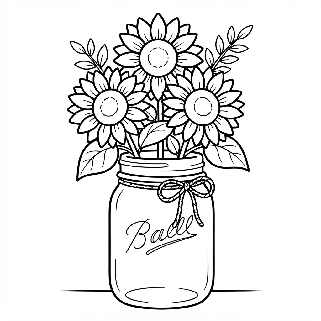 Sunflower coloring pages showing a mason jar filled with sunflower stems, leaves, and a tied rustic label.