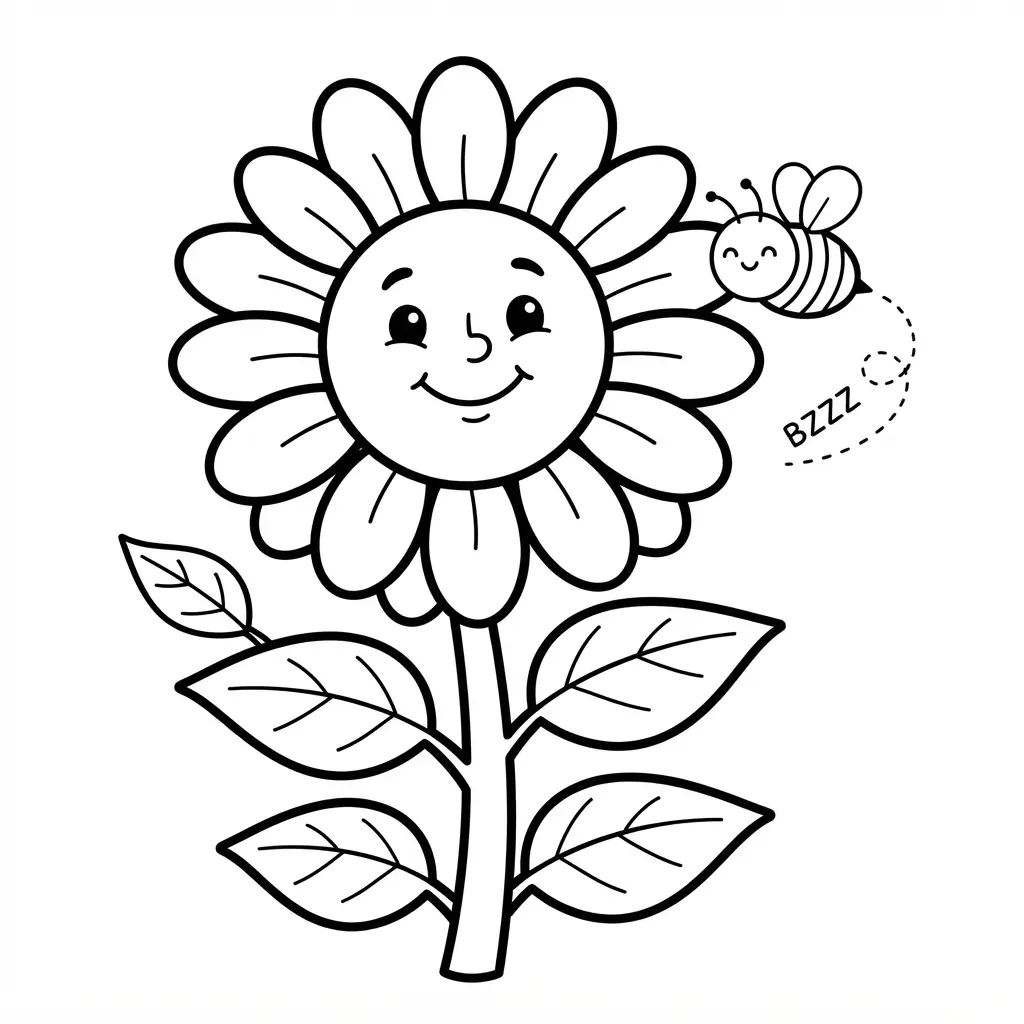 Sunflower coloring pages featuring a cute flower, a flying bee, leaves, and small garden accents.
